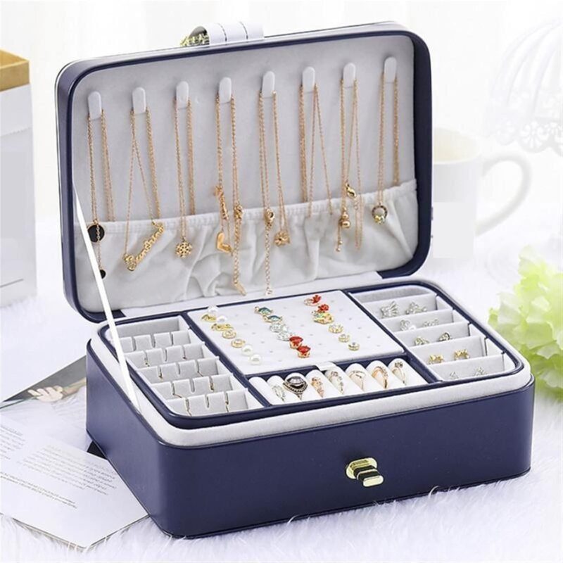 Large Faux Leather Jewelry Organizer Box Blue